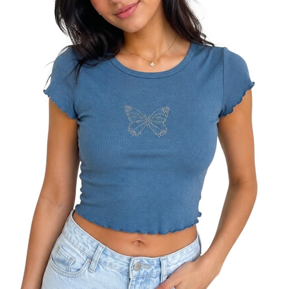 Y2K Rhinestone Butterfly Baby Tee Small Blue Coquette Ribbed Hippie Rose